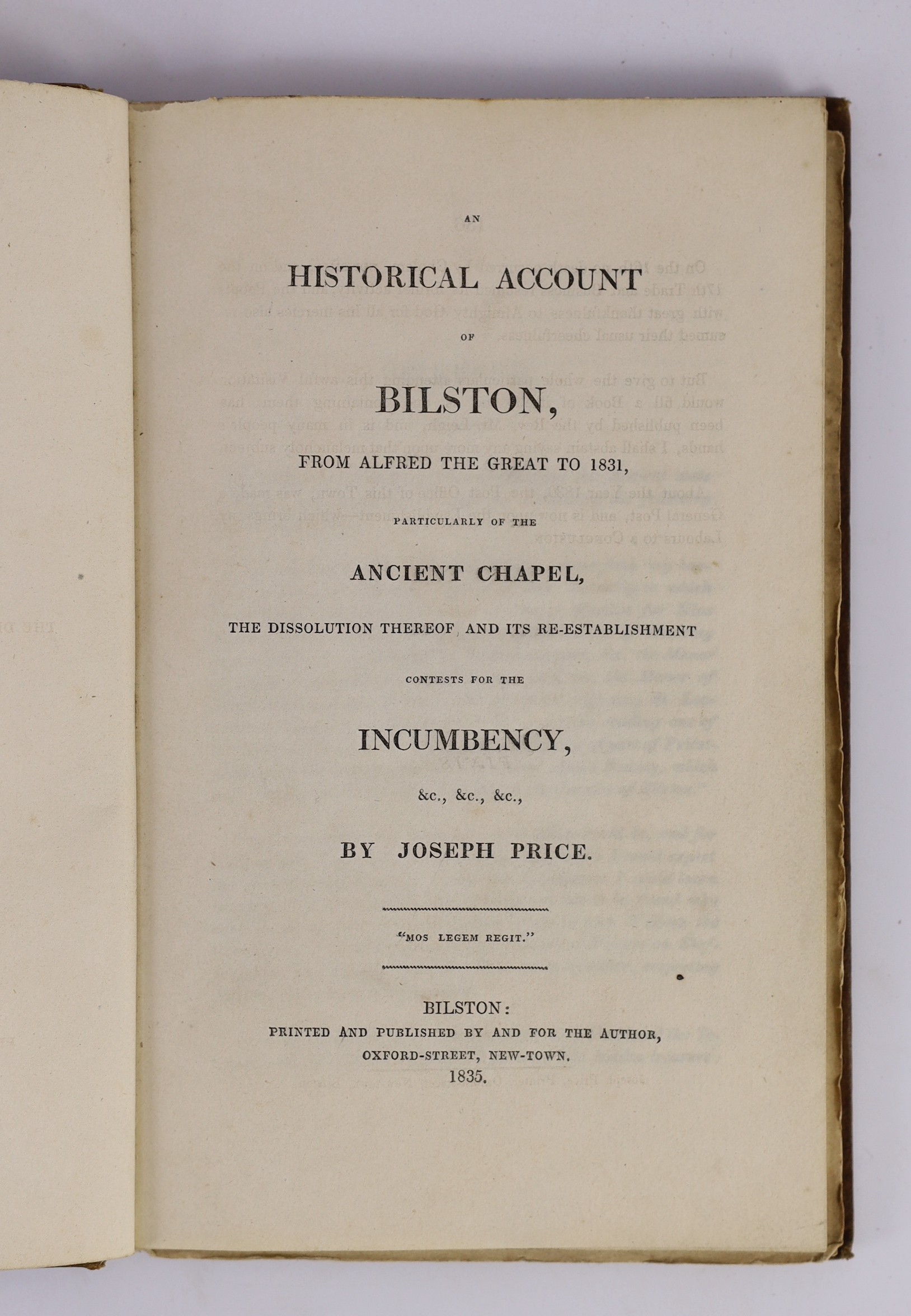 STAFFORDSHIRE: Price, Joseph - An Historical Account of Bilston ... particularly of the ancient chapel ... 6 plans (some hand coloured); old binder's cloth. Bilston: printed and published by and for the Author, 1835